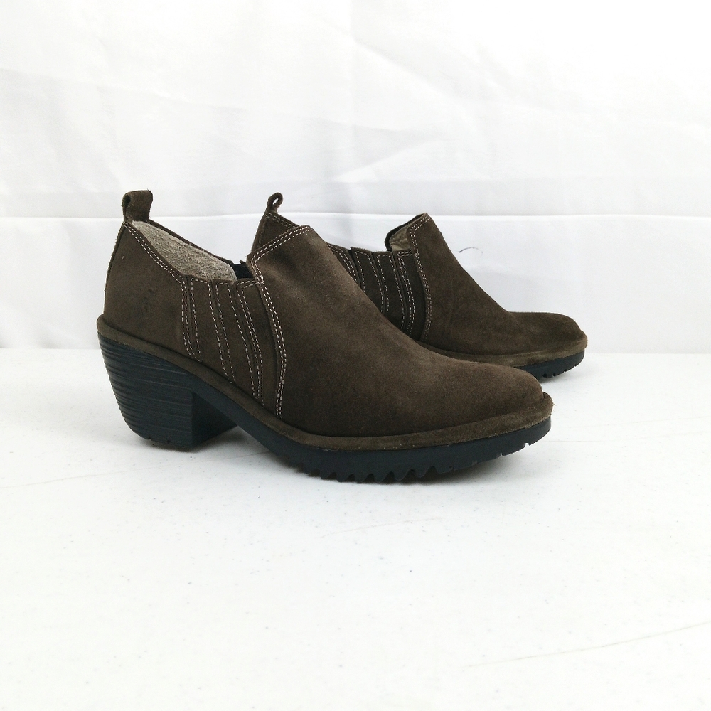 Fly London Wate Bootie Heel Women Size 37 US 6.5/7 Olive Green Suede Leather